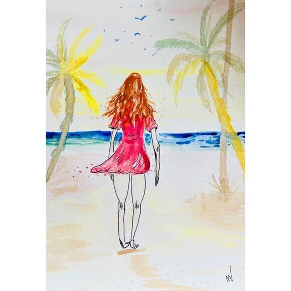Handmade Other - Woman Beach Art Miami Beach Painting 6"x9" Original Watercolor Painting Palm Cra